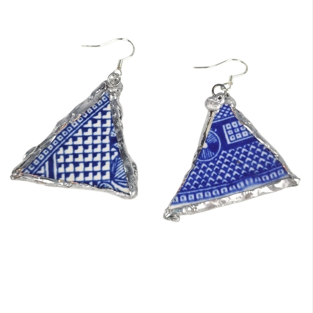 Handcrafted Blue Willow China Triangle Earrings Silver Plated Fish Hook